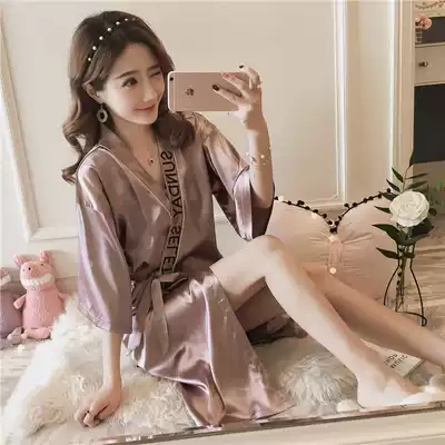 Nightgown female spring and autumn and summer nightgown female Japanese kimono sexy pajamas Ice silk short-sleeved lace-up ladies silk bathrobe