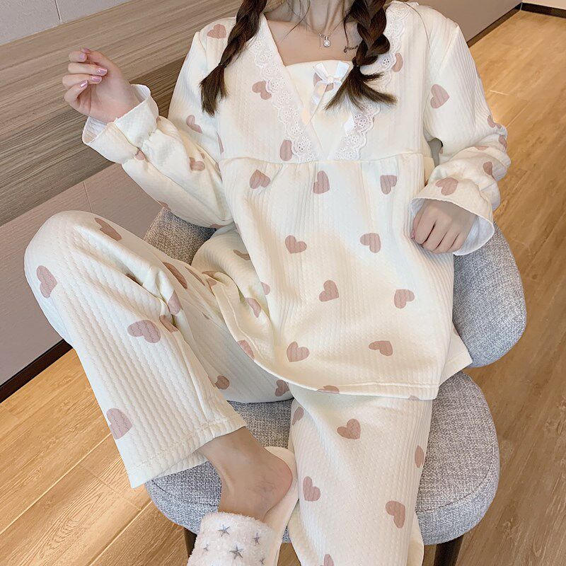 Pajamas Woman Autumn Winter Air Cotton Mezzanine Warm 2021 New Long Sleeves Spring Autumn Day Home Conserved Mezzanine Suit