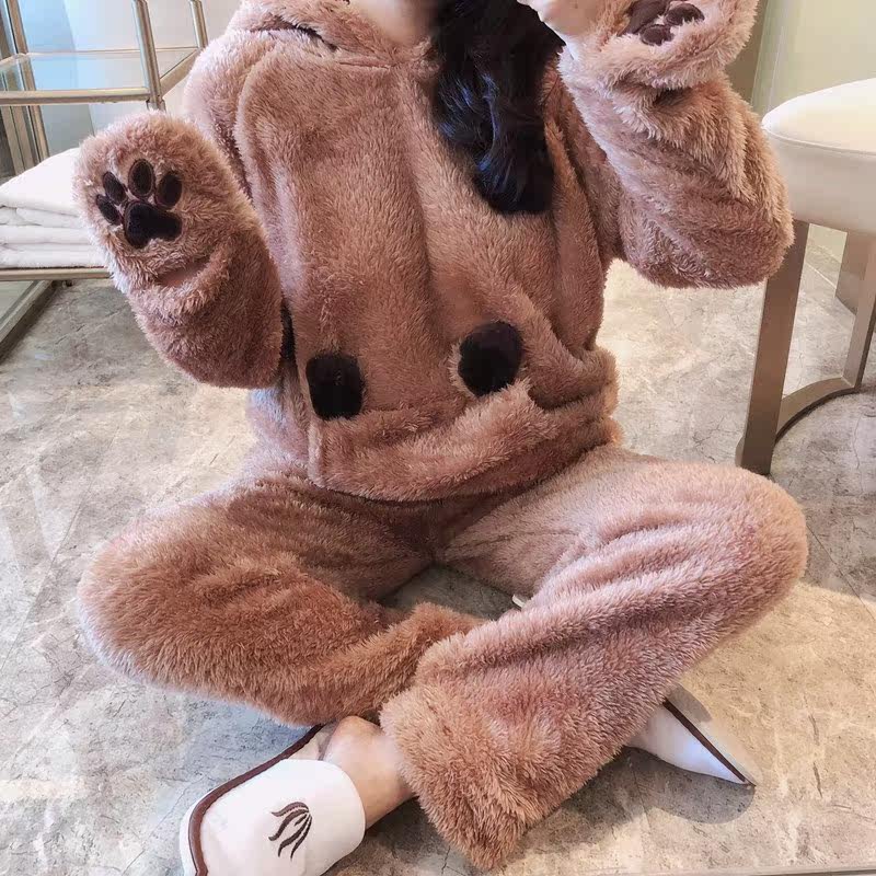 Pajamas women autumn and winter coral velvet thickening cap flannel cute autumn winter suit home suit