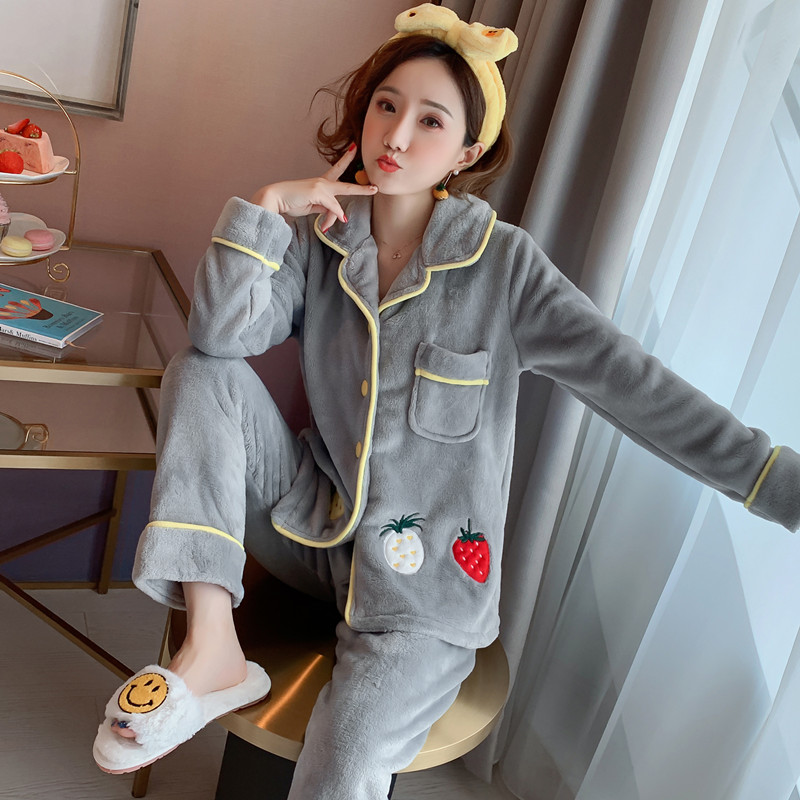 Coral Suede Strawberry Pyjamas Woman Autumn Winter Home Clothing Flannel Flannel Thicken Cardiff Cardiff Suit 2022 New