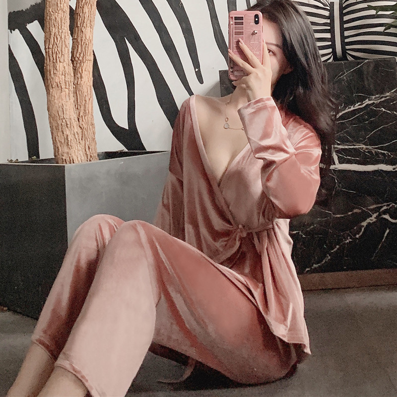 Sexy Japanese kimono pajamas women's autumn and winter gold velvet long-sleeved spring and autumn day Korean version princess wind coral velvet suit