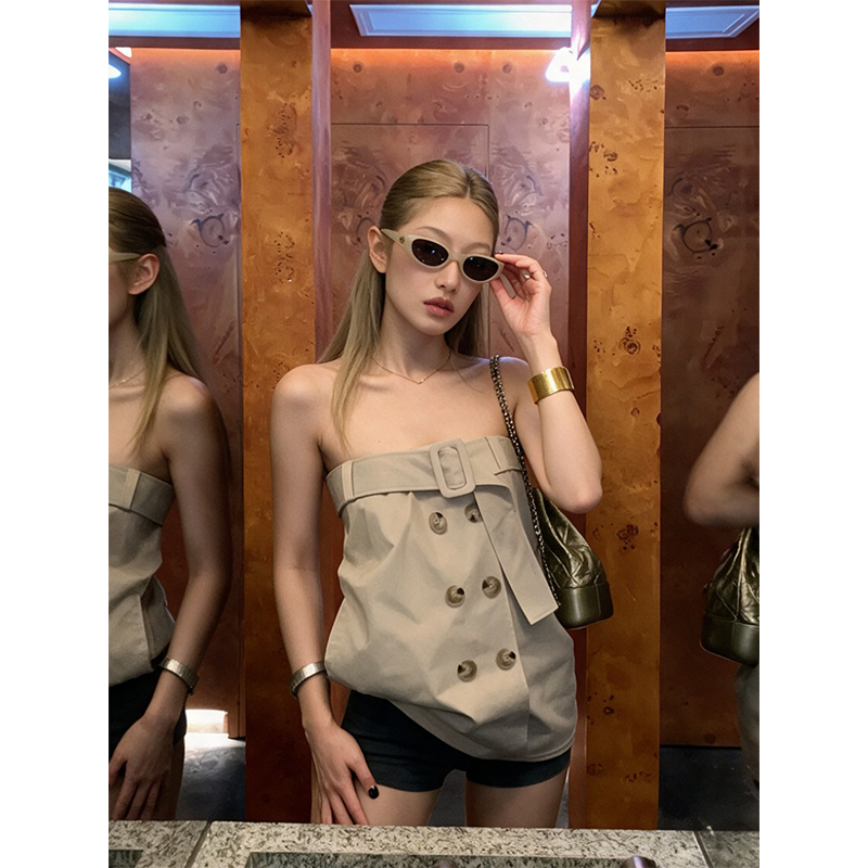 French Retro Old Money Style Double-Breasted Tube Top Vest for Women, New Summer Khaki High-End Sleeveless Top French Retro Old Money Style Double-Breasted Tube Top Vest for Women, New Summer Khaki High-End Sleeveless Top