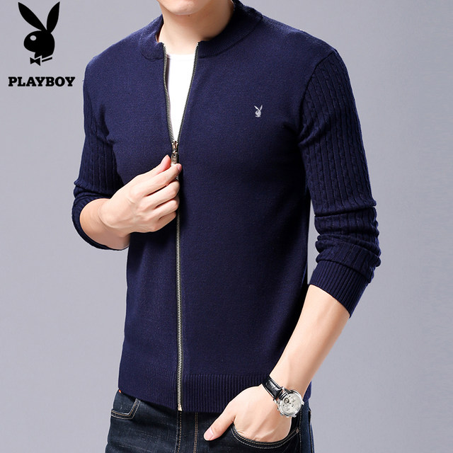Playboy ພາກຮຽນ spring ແລະດູໃບໄມ້ລົ່ນສີແຂງ cardigan ຜູ້ຊາຍ zipper cardigan sweater jacket sweater sweater ຜູ້ຊາຍ sweater