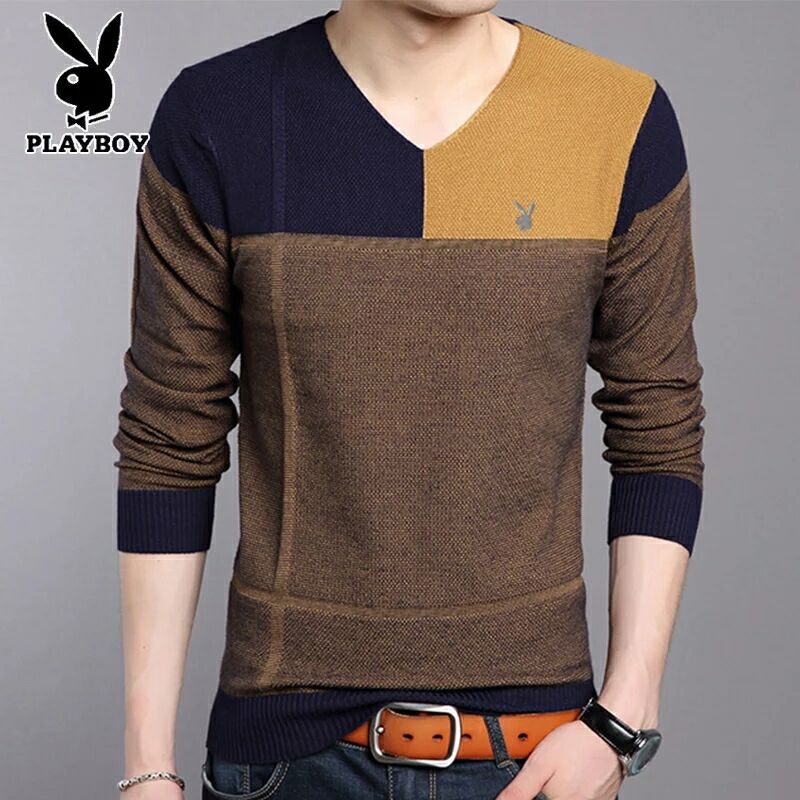 Playboy men's V-neck contrast color pullover thin long-sleeved knitted sweater bottoming shirt men's middle-aged and young T-shirt sweater