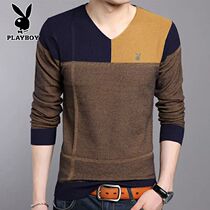 Playboy mens V-neck color contrast pullover thin section long-sleeved sweater bottoming shirt mens middle-aged and young T-shirt sweater