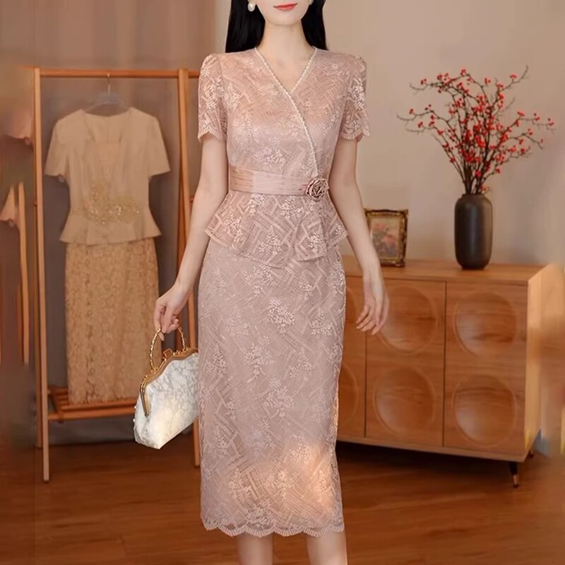 French Rouje Moaks Mother-In-Law Wedding Banquet Dress, Summer New Style Elegant Pink Dress for Women French Rouje Moaks Mother-In-Law Wedding Banquet Dress, Summer New Style Elegant Pink Dress for Women