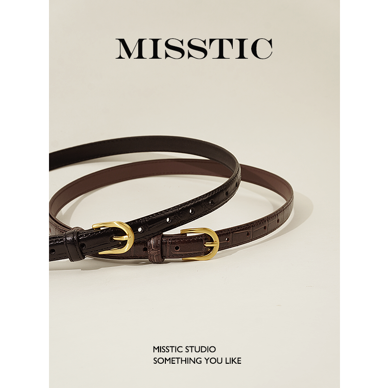 (MT) retro texture niche design homemade saddle buckle shape leather crocodile pattern belt literary belt