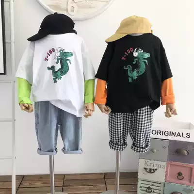 Green Children's products) Spring 2020 Korean children's cartoon color pure cotton fake two T-shirt tide baby likes printing