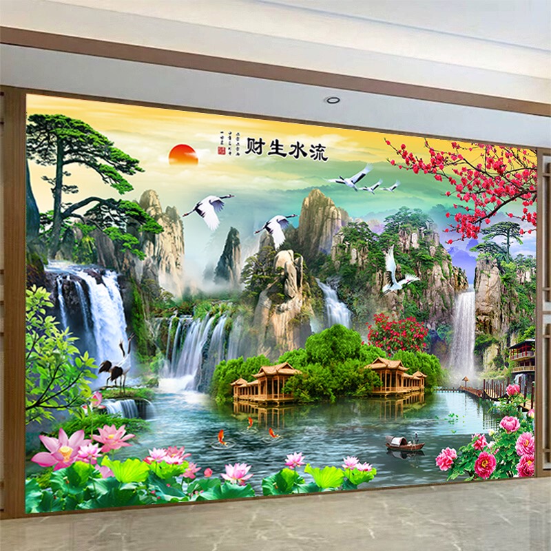 Landscape Painting Wallpaper That Brings Wealth, Flowing Water Brings Prosperity, Scenery Painting for Office Background Wall, Living Room Decorative Painting, Self-Adhesive Wall Stickers