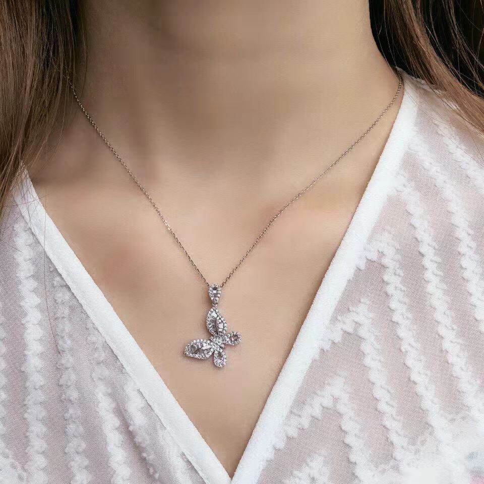 Spot 18k white gold t square diamond ladder square butterfly necklace pendant butterfly love flower round diamond real gold real diamond pendant clavicle chain