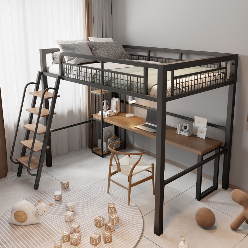 Wrought Iron Loft Bed with Upper Bunk, Space-Saving, with Desk Underneath, Tiered Bed with Stairs, Loft Bed Wrought Iron Loft Bed with Upper Bunk, Space-Saving, with Desk Underneath, Tiered Bed with Stairs, Loft Bed