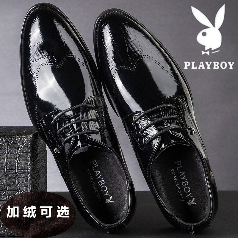 Playboy men's shoes leather business formal dress plus velvet cotton shoes men's leather shoes pointed toe lace groom wedding shoes