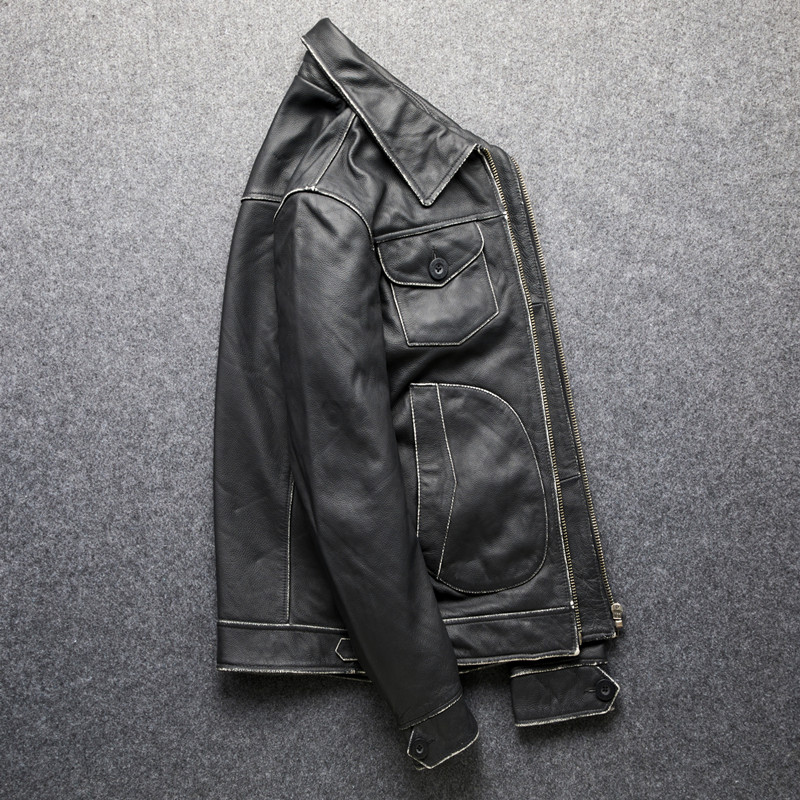 Real leather leather clothing male heavy machine race car suit bicolor tea core grinding edge doing old riding and head layer of cow leather turning over multiple pockets