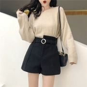 Mùa thu và mùa đông mới quần short len ​​giản dị Phiên bản Hàn Quốc Một từ quần len ống rộng chân cao eo cao quần mỏng