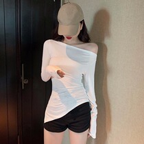 Womens clothing spring new sexy open-shoulder lined with undershirt blouses Korean version chic irregular long sleeve T-shirt
