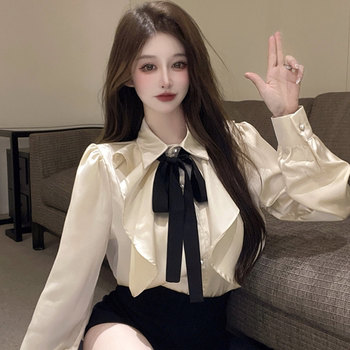 Sweet bow tie lapel palace style shirt women's small loose age-reducing chiffon top niche shirt