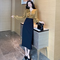 Spring suit women V necklace with loose long sleeve temperament shirt open fork high waist and long and half body dress damp