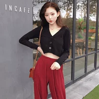 Mùa thu mới gợi cảm V-cổ đan áo len retro chic áo len hoang dã khí chất dài tay ngắn áo len cao cổ