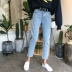 Mùa thu mới thời trang lỏng lẻo quần thẳng cao eo nguyên quần jeans chín quần quần nữ chân thủy triều quần bò ống sớ Quần jean