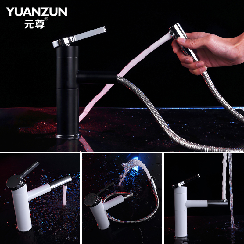 Black faucet hot and cold washbasin basin pull-out faucet full copper high and low single-hole dual-purpose on-stage and off-stage basin