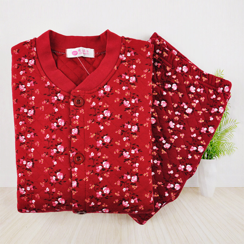 Winter women's pure cotton cardigan jacket plus fertilizer plus size autumn clothes sanitary pants fever underwear middle-aged and elderly grandma three-layer quilted