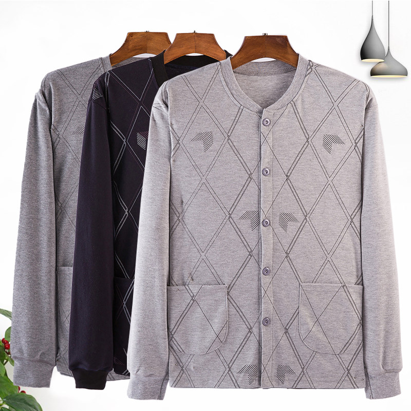 Middle-aged and elderly pure cotton cardigan autumn clothes button-up thermal underwear plus fat plus size loose one-piece dad shirt