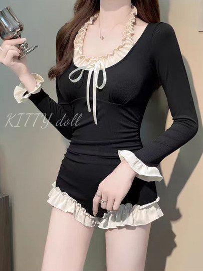 2025新款连体泳衣女士纯欲风高级感学生显瘦遮肚子肉保守黑色长袖