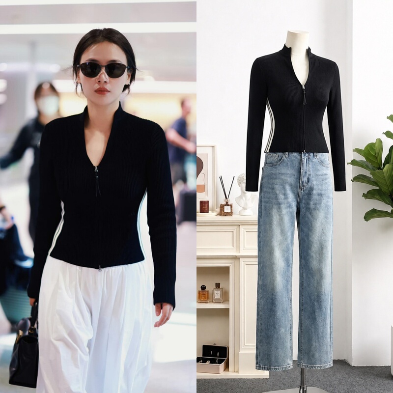 Ma Sichun's Same Style Black V-Neck Slim-Fit Elegant Long-Sleeve Knit Top for Early Autumn, New Zipper Slim-Fit Color-Blocked Top for Women Ma Sichun's Same Style Black V-Neck Slim-Fit Elegant Long-Sleeve Knit Top for Early Autumn, New Zipper Slim-Fit Color-Blocked Top for Women