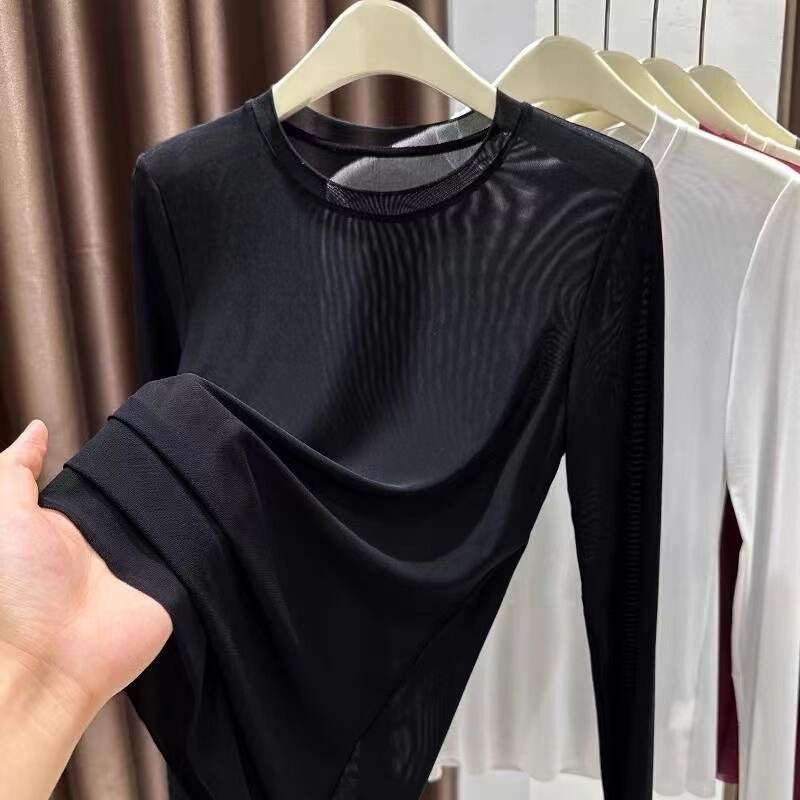 Summer Mesh Blouse Long-Sleeved Round Neck Sun Protection Ice-Feel Top Women's T-Shirt Slightly See-Through Base Layer Thin Gauze Shirt for Layering