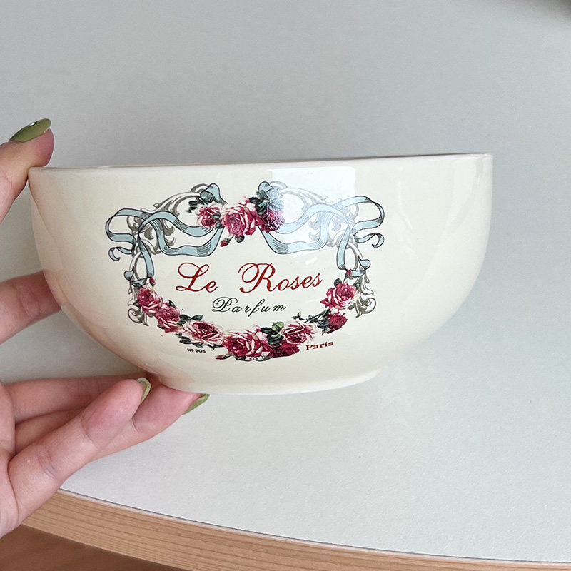 Dew Ahua Retro Round Rice Yellow Rose Flower Ring Ceramic Bowl Oat Bowl Salad Bowl Home Fruit Bowl