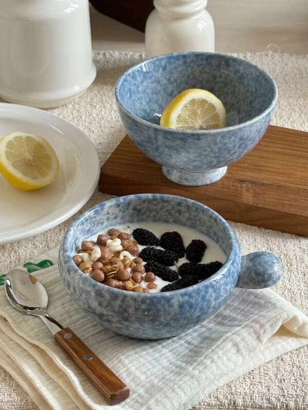 Lu'Aa French Retro Blue Splatter Ceramic Yogurt Oatmeal Bowl Rice Bowl Creative Exquisite Breakfast Bowl