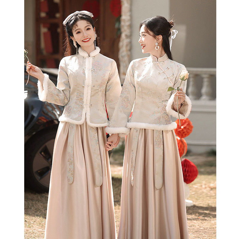 Chinese bridesmaids clothes autumn and winter style 2023 new winter thickened warm Chinese wind and sisterhood dress skirt woman long sleeve-Taobao