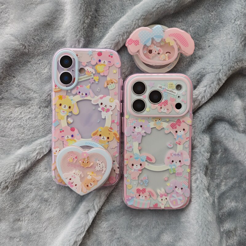 Two-In-One Pink Edge Purple Edge Imd Magnetic Cartoon Cute Hollow Border Rabbit Phone Case Suitable for iPhone 17 Pro Max Personalized Anti-Drop Apple 16 Glossy 15 for Girls 14 with Stand 13