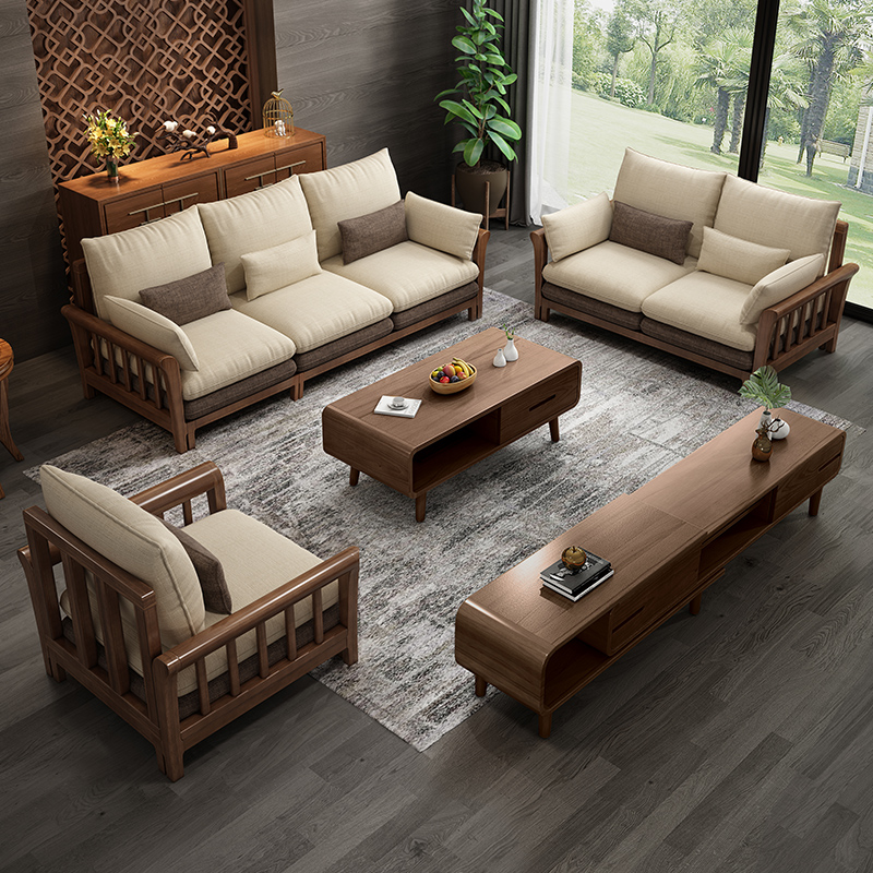 Full solid wood sofa Living room Modern minimalist Large small family New Chinese beech wood Nordic cloth art tech cloth sofa