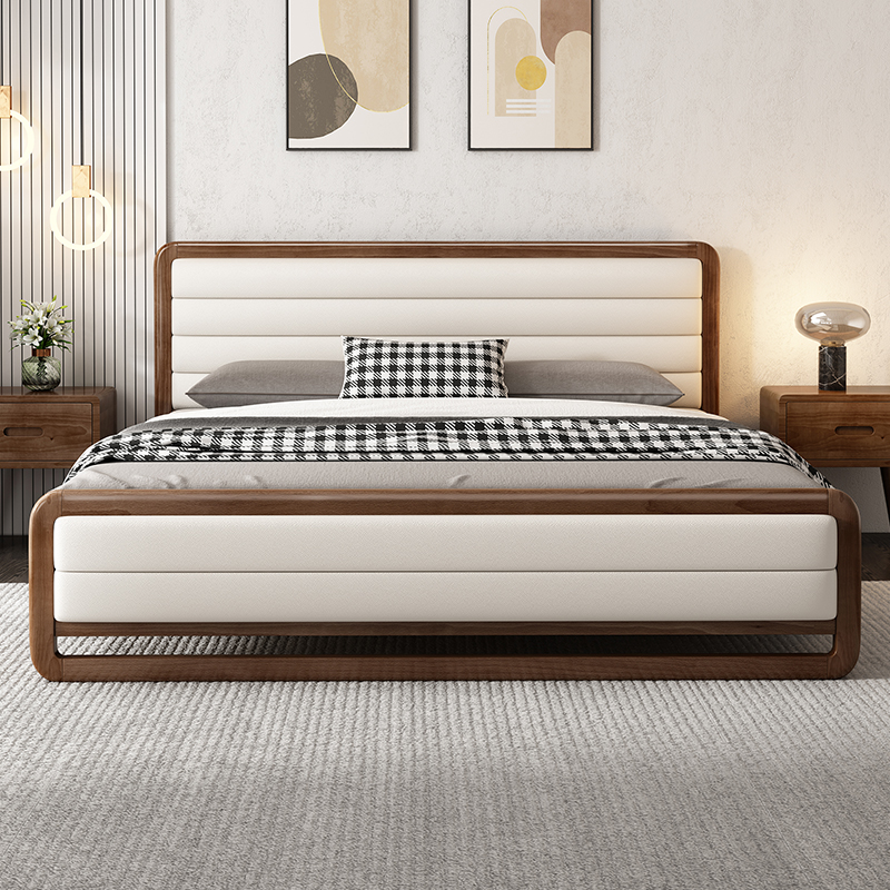 Baifang Nordic all solid wood double bed modern minimalist master bedroom furniture solid wood bed light luxury beech soft package bed wedding bed