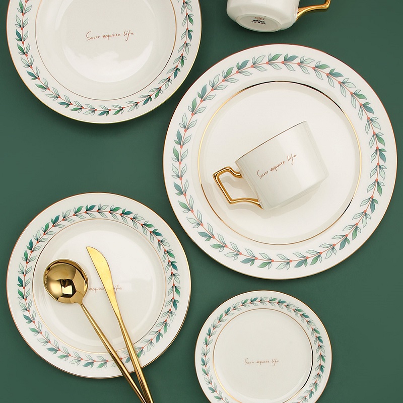 Ink Color Original Ceramic Western Meal Pan Dessert Dishes Home Plate Creative Nets Red Ins Wind Breakfast Cutlery Leaves