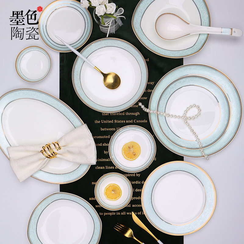 Ink color original Jingdezhen ceramic plate vegetable plate home plate light luxury plate deep plate high-end tableware Yuqing