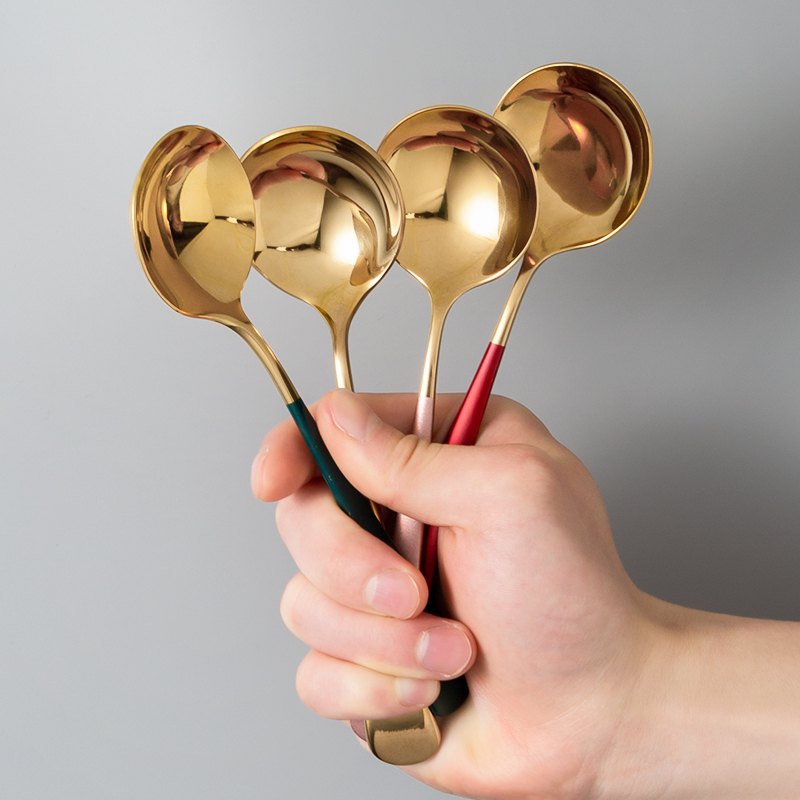 Red spoon household with cute long - handle 304 stainless steel Korean small tablespoon children eat round head spoon