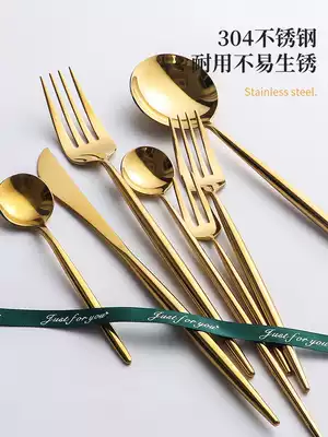 Golden steak knife and fork set set household knife and fork spoon three sets 304 stainless steel mesh red ins Wind Western tableware