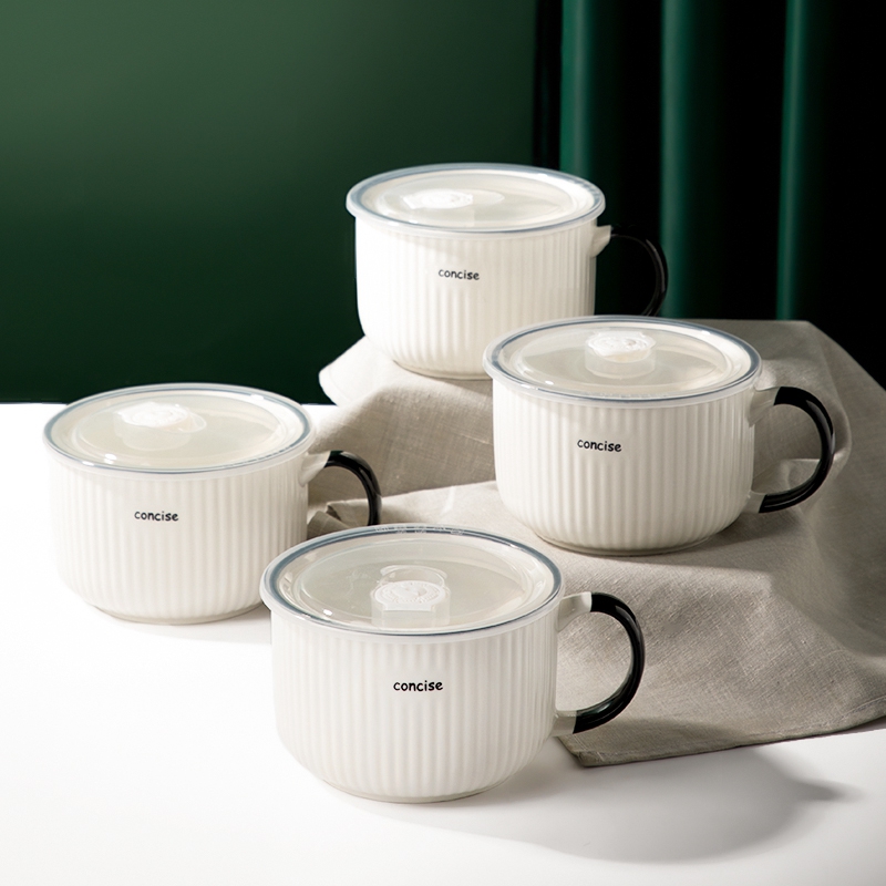 Ink color ceramic lunch box can microwave heating special office bento box sealed fresh rice bowl with lid round