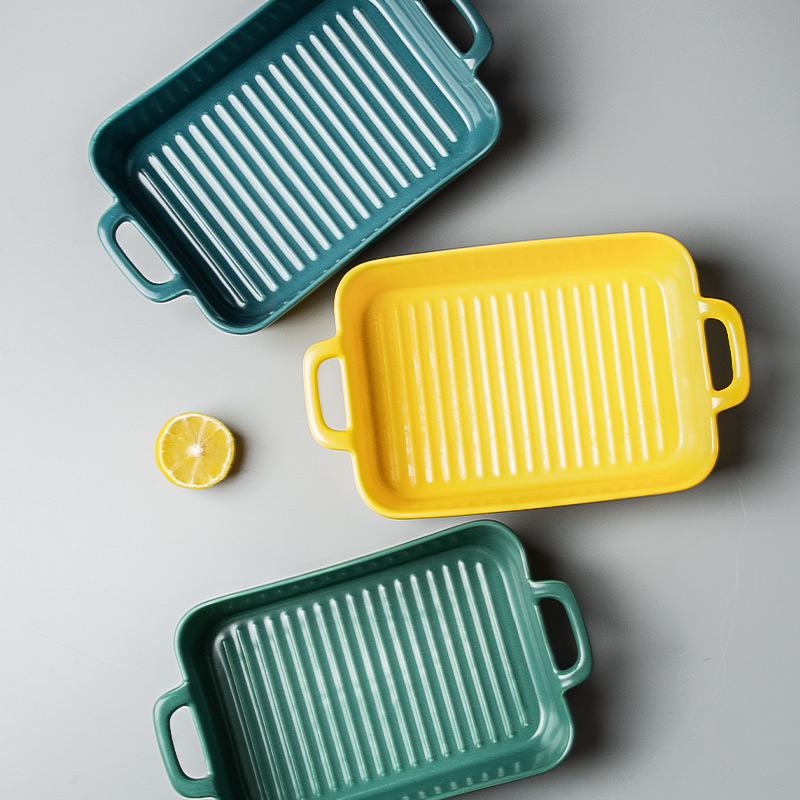 Double ear ceramic baking tray Baking Meal Pan Home Plate Sub creative rectangular microwave oven Oven Special Baking Bowls Cutlery