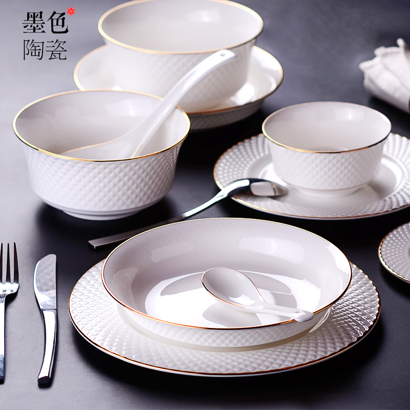 Ink European ceramic dishes set home simple bone china light luxury tableware white bowl plate chopsticks Jinling
