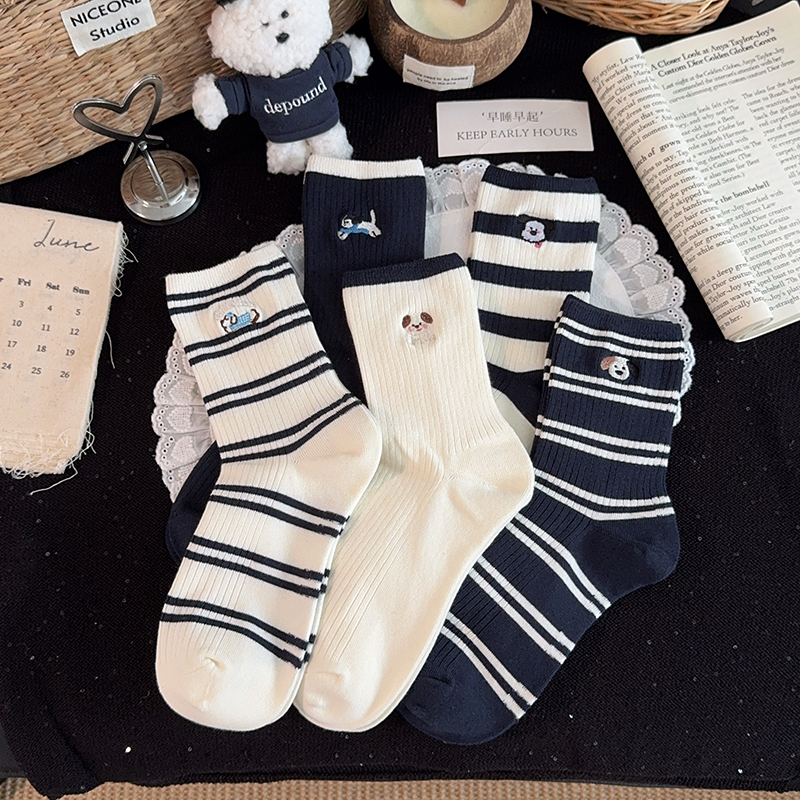 New Striped Embroidered Puppy Socks for Women, Mid-Calf Socks for Spring and Autumn, Trendy and Cute Student Long Socks for Fall and Winter