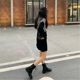 Early autumn new fashion long-sleeved black striped knitted fake two-piece dress women's temperament skirt small spring