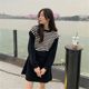 Early autumn new fashion long-sleeved black striped knitted fake two-piece dress women's temperament skirt small spring