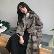 U 77 mùa thu mùa đông áo khoác len tartan trong áo khoác dài nữ sinh viên áo khoác retro dày lên hoang dã