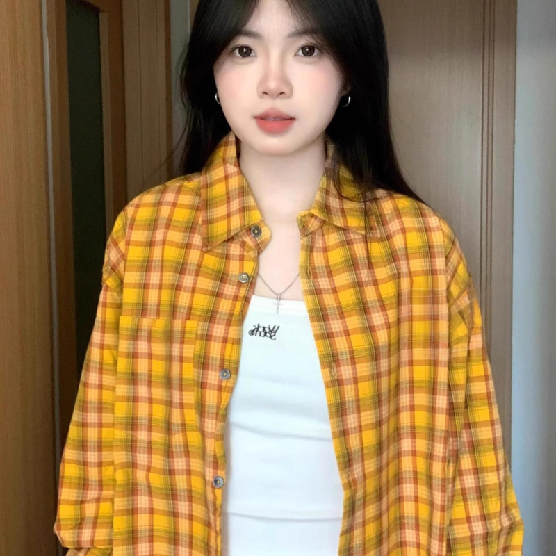 American Retro Yellow Plaid Shirt Jacket for Women, Early Spring Outerwear, 2026 New Casual Sun Protection Top, Shirt for Summer