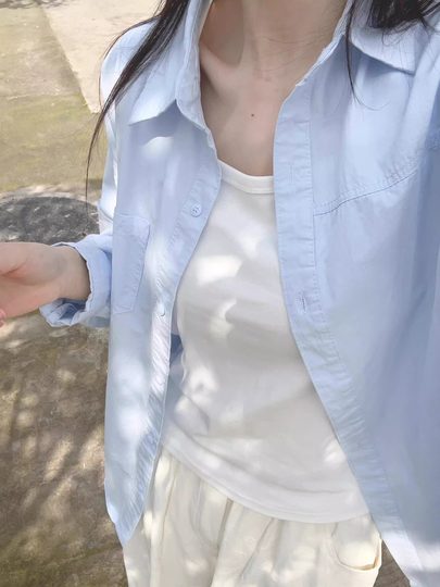 Pure Cotton Blue Shirt for Women, Spring and Autumn 2025 New Style, Turn-Down Collar, Long-Sleeved Shirt for Layering or Wearing Alone, Petite Korean Style Top