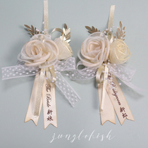 Forest style watercolor champagne gold bride and bridesmaid wrist flower grooms corsage knot wedding outdoor shooting props