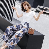 Zhang Cai Feiyue 2020 Summer printed wide leg pants womens round neck short sleeve fashion trousers shirt two-piece suit